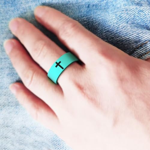 XAHH 2PCS Silicone Ring Set for Men Women,Classical Simple Christian Cross Religious Couple Rubber Wedding Bands - style: Green Blue