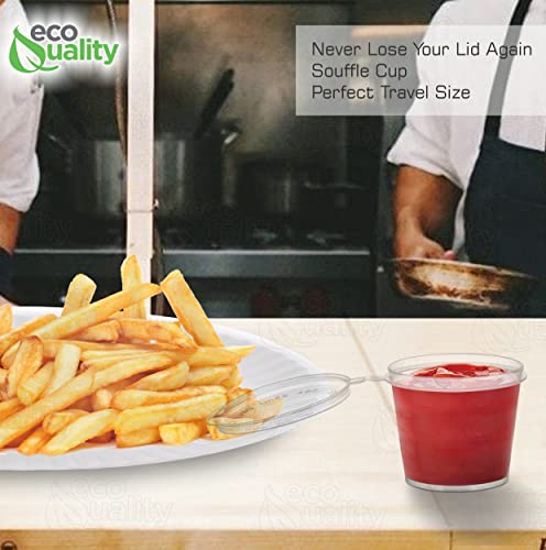 EcoQuality 1oz Plastic Condiment Souffle Cups with Attached Lids, 50 Packs