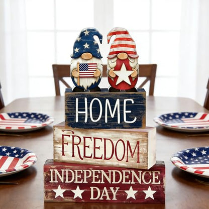 4th of July Table Decorations Patriotic Memorial Day Tiered Tray Decor Wooden Gnome Block Signs Independence Farmhouse 250th July Fouth Centerpiece for Tables Wooden Sign for Home Decor - style: Patriotic Gnomes