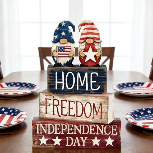 4th of July Table Decorations Patriotic Memorial Day Tiered Tray Decor Wooden Gnome Block Signs Independence Farmhouse 250th July Fouth Centerpiece for Tables Wooden Sign for Home Decor - style: Patriotic Gnomes