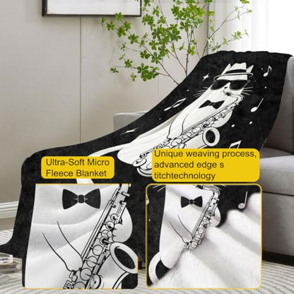 Funny Cat Playing Saxophone Blanket Gifts for Women Kids - color: Funny Cat, size: 60"x80"