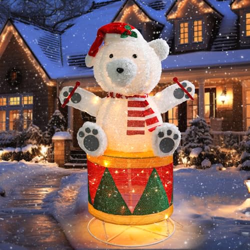 4 FT Lighted Christmas Drum Bear, Pre‑Lit Outdoor Yard Decor - size: 48''*31.5''