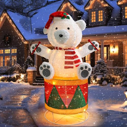 4 FT Lighted Christmas Drum Bear, Pre‑Lit Outdoor Yard Decor - size: 48''*31.5''