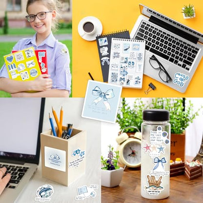 52PCS Blue Watercolor Bible Stickers - Serene Scripture Decals, Waterproof Christian Journaling Stickers for Women’s Journals, Laptops & Water Bottles (Tranquil Faith Gifts) - color: Blue Bible
