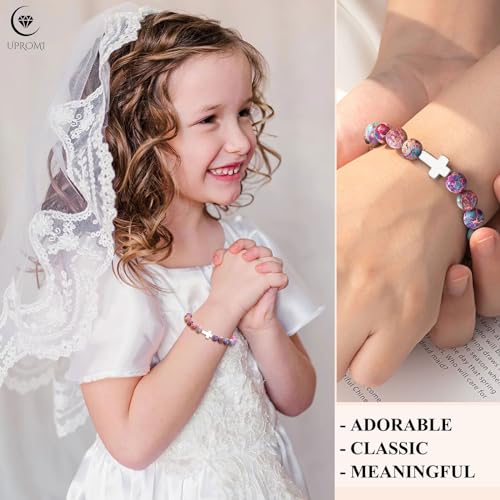 UPROMI Cross Bracelet for Girls Baptism Communion Confirmation Gifts, Kindergarten/Preschool/5th Grade/8th Grade Graduation Gifts - style: Dear Lord bless this little girl - Violet