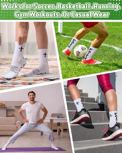 Chicingyou 12 Pairs Cross Grip Soccer Socks, Philippians 4:13 Bible Verse Christian Anti Slip Football Socks for Men Women - color: White
