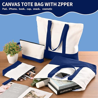 2-Pack Canvas Tote Bags and Makeup Bags, Cotton Zipper Bag, Navy Blue - color: Navy Blue/White