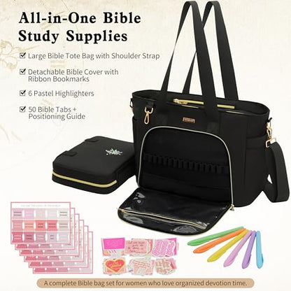 Large Bible Bag for Women, 2-in-1 Bible Tote with Detachable Embroidered Bible Cover & Study Supplies, Church Bible Study Bag, Gift-Ready Christian Gift for Women (Black) - color: Black