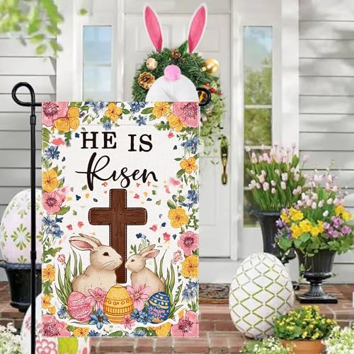 Welcome Easter Egg Garden Flag He Is Risen Christian Cross Small Flags for Outside, 12x18 Inch Rabbit Double Sided Burlap Seasonal Outdoor Yard Lawn Decoration