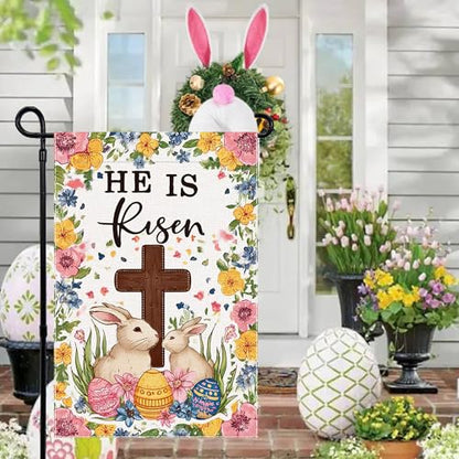 Welcome Easter Egg Garden Flag He Is Risen Christian Cross Small Flags for Outside, 12x18 Inch Rabbit Double Sided Burlap Seasonal Outdoor Yard Lawn Decoration