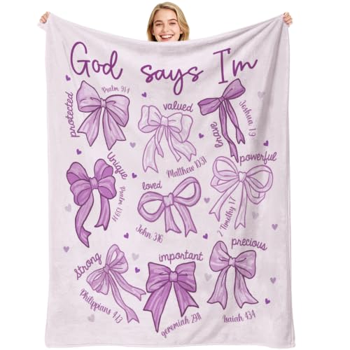 Purple Bow Christian Throw Blanket, Religious Flannel Blanket Gift - color: Purple Bow