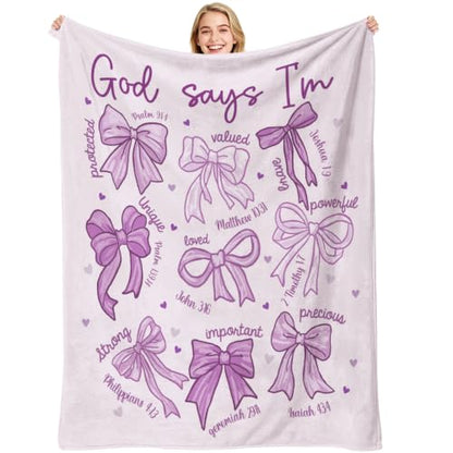 Purple Bow Christian Throw Blanket, Religious Flannel Blanket Gift - color: Purple Bow