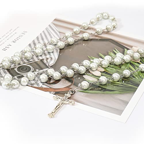 Nazareth Store Wedding White Pearl Beads Rosary Handcrafted Prayer Necklace with Holy Soil Medal and Jesus Cross Crucifix - size: Large (Pack of 2)
