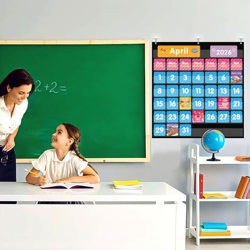 REGELETO Large 44 Pockets Calendar Pocket Chart for Classroom with 85 Cards, Size:25” X 24” Monthly Calendar and Weather Black Pocket Chart for Students Learning for Home or School (44 Pockets) - size: 44 Pockets