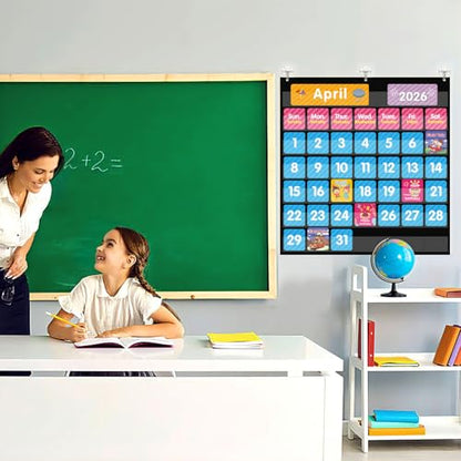 REGELETO Large 44 Pockets Calendar Pocket Chart for Classroom with 85 Cards, Size:25” X 24” Monthly Calendar and Weather Black Pocket Chart for Students Learning for Home or School (44 Pockets) - size: 44 Pockets