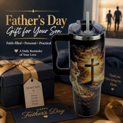 To My Son Gifts from Mom, Fathers Day Gift For Son, Graduation Birthday Gifts For Son, 40 Oz Coffee Tumbler With Handle, Adult Son Coffee Mug, Christian Lion Cross - color: Gifts for Son