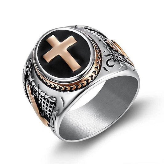 Vintage Men Ring Stainless Steel Religious Prayer Holy Cross Ring with Black Enamel Christian Jewelry Size8-12 - color: Rose Gold Plated Cross ring, size: 10