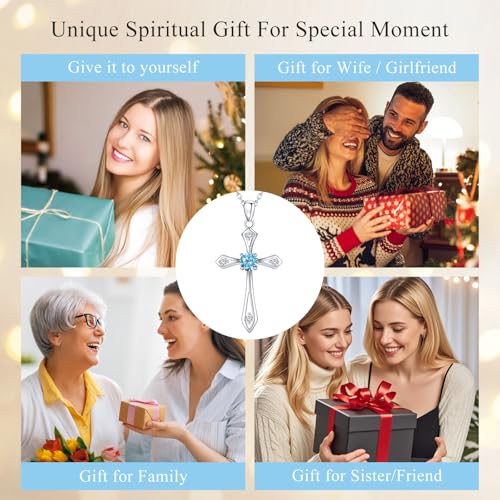 Cross Necklace for Women,925 Sterling Silver Faith Jewerly Gift - color: 03-March-Aquamarine