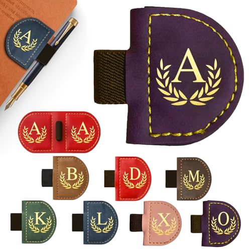 Personalized Leather Magnetic Bookmark with Pen Holder, Custom Bygone Mark Bookmark with Pen Holder, Custom Bookmarks with 26 Letters for Reading Women, Men, Teachers, Book Lovers?Purple?A? - color: Purple