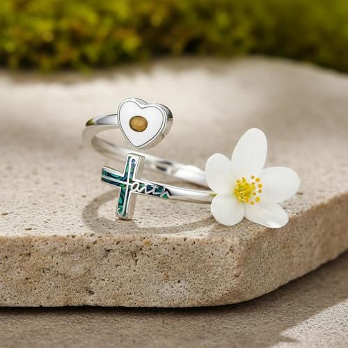 Heart Mustard Seed Cross Rings Adjustable Open Faith Cross Rings Christian Religious Jewelry Gifts for Women Mother Daughter