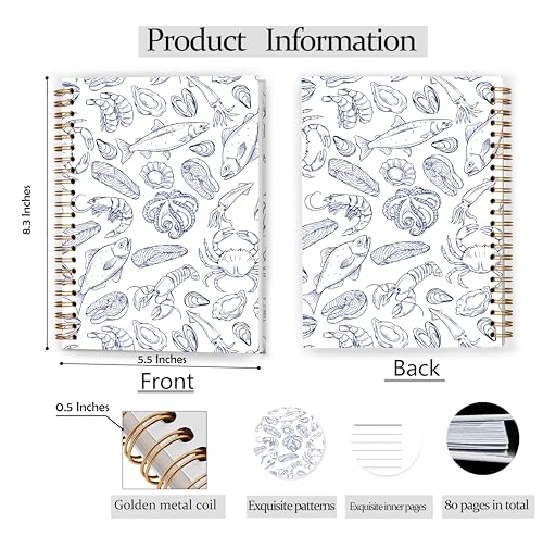 Coastal Beach Notebook, Ocean Lover Gifts, Navy Blue Nautical Seafood Journal for Office Supplies, Coastal Ocean Marine Life Spiral Notebook Journal 5.5x8.3 - color: Color 10