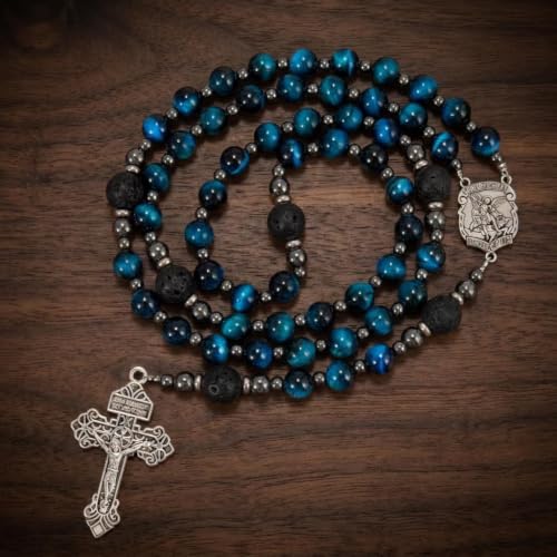 Nazareth Store Blue Tiger Eye Rosary Beads, Handmade Catholic Rosary Necklace with Lava Stone Beads and Our Father Crucifix, Five Decade Prayer Rosary, Religious Gift - style: St. Michael