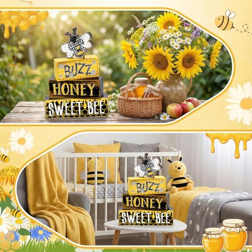 Britimes Tiered Tray Decor Set, 4 Pack, Wooden Table Sign, Daisy Farmhouse - style: Sweet Honey