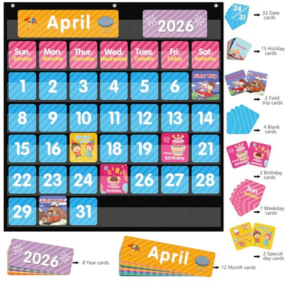 REGELETO Large 44 Pockets Calendar Pocket Chart for Classroom with 85 Cards, Size:25” X 24” Monthly Calendar and Weather Black Pocket Chart for Students Learning for Home or School (44 Pockets) - size: 44 Pockets