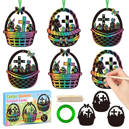 CY2SIDE 60PCS Religious Baskets with Egg Cross Scratch Card Gift Set DIY Christian Jesus is Risen Scratch Paper Craft for Kid Sunday School Activity Easter Bunny Magic Art Rainbow Color Paper Ornament - style: Easter Basket Cross