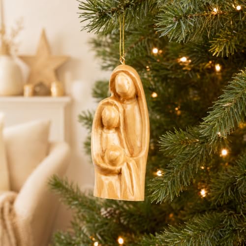 Olive Wood Christmas Ornament – Holy Family Nativity Ornament for Christmas Tree Decor, Handmade in Bethlehem The Holy Land, Christian Religious Gift, 3 x 2 Inch