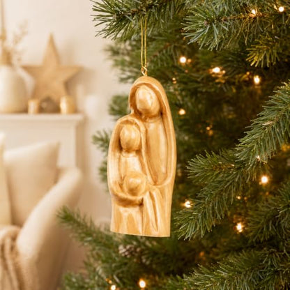 Olive Wood Christmas Ornament – Holy Family Nativity Ornament for Christmas Tree Decor, Handmade in Bethlehem The Holy Land, Christian Religious Gift, 3 x 2 Inch