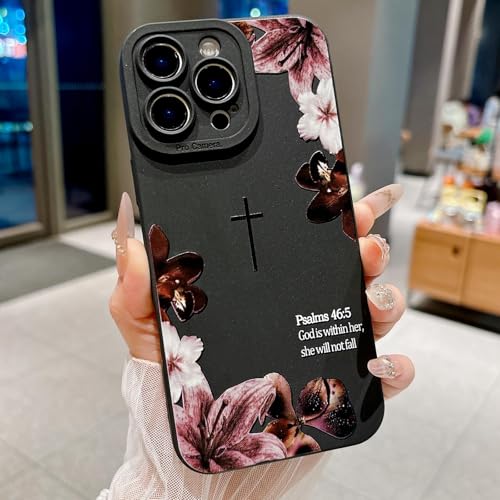 Bible Verse Phone Case for iPhone 15 Pro Max Case, Cute Simple Cross with Flower Design, Soft TPU Shockproof Protective Cover for Girls Women-Black - color: Black-2, size: iPhone 15 Pro Max