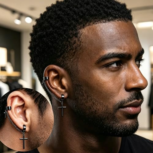 Unisex Punk Hip Hop Stainless Steel Silver Black Gold Tone Lock Thunder Lightning Bolt Dangle Huggie Hoop Earrings Gift for Women Men Boy Teens - color: Black-Asymmetric Cross
