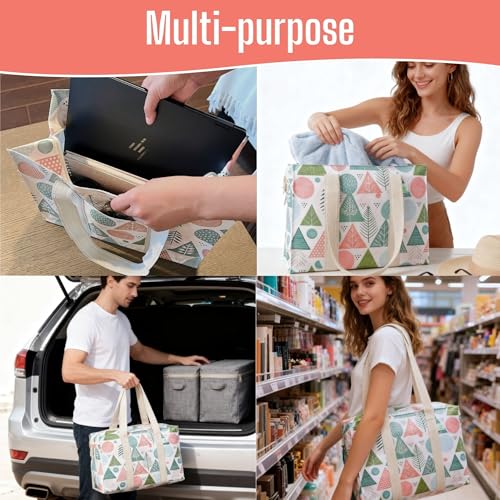 VENO 2 Pack Utility Tote Reusable Grocery Bags with Zipper & Hard Bottom - color: Pastel Forest, size: 2 Pack