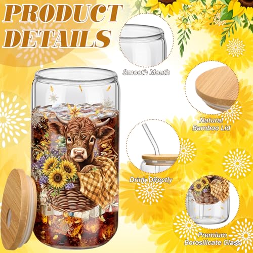 Teenyyou 12 Set of Highland Cow Glasses with Bamboo Lid and Glass Straw 16 oz Summer Drinking Cup Beer Iced Coffee Cup Tumbler Mugs for Teacher's Day Gift Holiday Party Office - style: Highland Cow