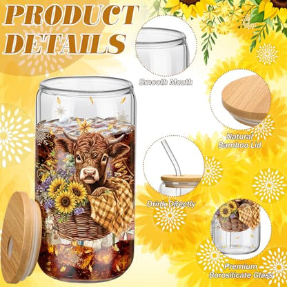 Teenyyou 12 Set of Highland Cow Glasses with Bamboo Lid and Glass Straw 16 oz Summer Drinking Cup Beer Iced Coffee Cup Tumbler Mugs for Teacher's Day Gift Holiday Party Office - style: Highland Cow
