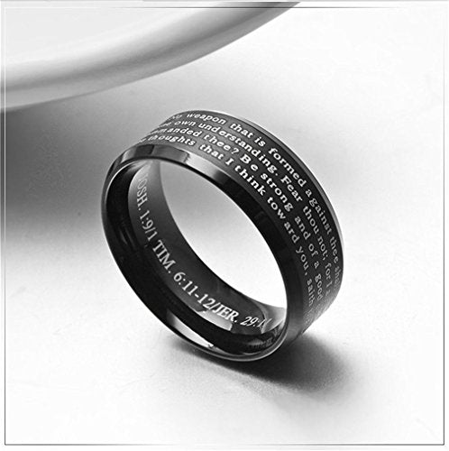 Men's Stainless Steel Bible Verse Christian Lord's Prayer Cross Ring Wedding Bands Engraved Praying - color: Black
