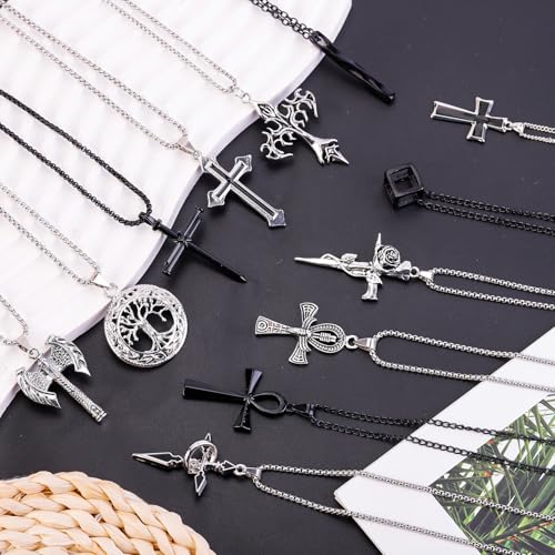 ywevyezc 12/24PCS Cross Necklace for Men, Mens Necklaces Jewelry Set Silver Chain Stainless Steel Cross Pendant Goth Necklace for Boys 16-24 inches Chain - style: 24pcs Cross Necklace