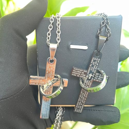 Lord's Prayer Engraved Cross Pendant Necklace with Ring Stainless Steel Religious Jewelry for Men and Women, Faith-Inspired Gift - color: Silver
