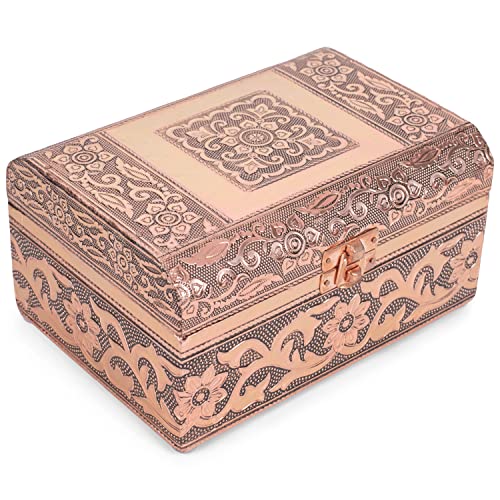 Cottage Garden Moroccan Copper Tone Metal Stamped Round Top Trunk Keepsake Box - color: Copper Tone, style: Moroccan