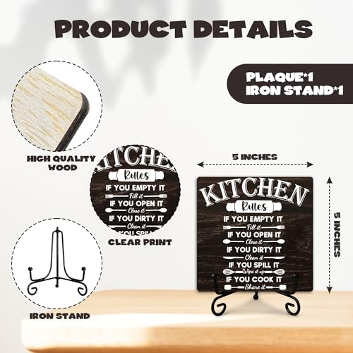 Kitchen Wooden Sign Decor, Kitchen Rules, Rustic Wooden Plaque Sign With Iron Stand, Farmhouse Home Office Restroom Desk Shelf Decorations - style: Kitchen