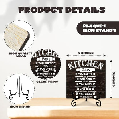 Kitchen Wooden Sign Decor, Kitchen Rules, Rustic Wooden Plaque Sign With Iron Stand, Farmhouse Home Office Restroom Desk Shelf Decorations - style: Kitchen