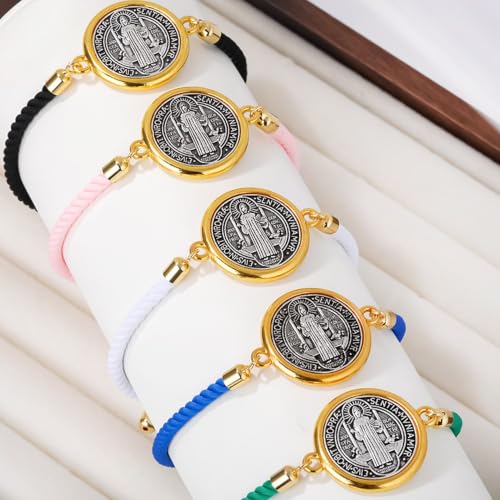 Catholic Bracelets St. Benedict Bracelet Red Rope Double Hole Pendant Couple Woven Bracelets Adjustable Black Bracelet - color: White