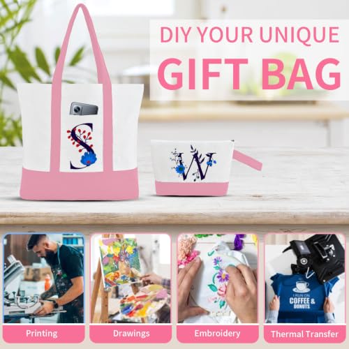 2-Pack Canvas Tote Bags and Makeup Bags, Cotton Zipper Bag, Pink - color: Pink/White