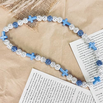 Baseball Bead Cross Necklace for Boys Kids, Elastic Rhinestone Bling Necklace Drip Gifts for Teens Players - color: Blue Cross/White/Teal Blue