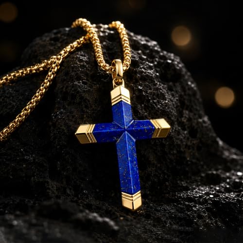Lapis Lazuli/Amethyst Cross Necklace for Men Waterproof and Sweat-Resistant Suitable for both men and women With Adjustable Box Chain Christian Jewelry Father Day Gifts for Men - color: Blue&Gold