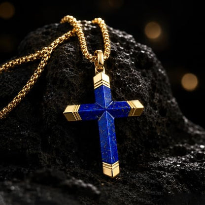 Lapis Lazuli/Amethyst Cross Necklace for Men Waterproof and Sweat-Resistant Suitable for both men and women With Adjustable Box Chain Christian Jewelry Father Day Gifts for Men - color: Blue&Gold