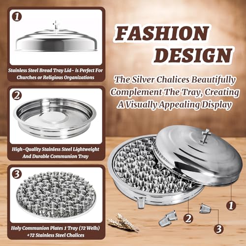 Communion Tray Set 72 Stainless Steel Chalice Cups Bread Tray with Lid