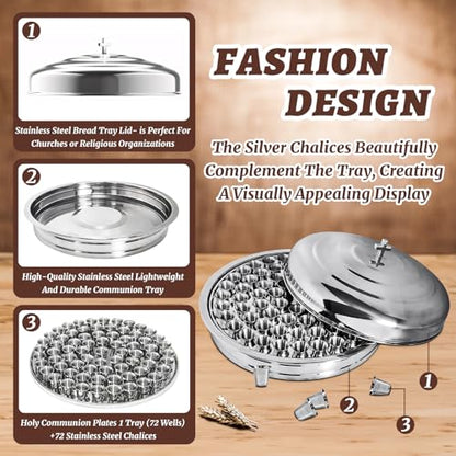 Communion Tray Set 72 Stainless Steel Chalice Cups Bread Tray with Lid