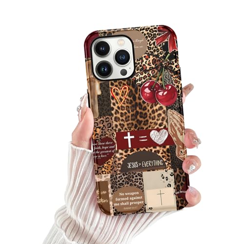 for iPhone 13 Pro 6.1'' Brown Cheetah Christian Phone Case - color: Red Cherry Leopard Collage, size: iPhone 13 Pro